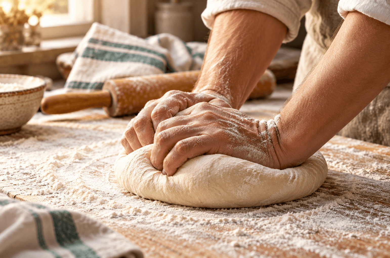Baker kneading dough on a floured worktop